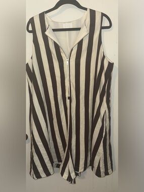 Every Sleeveless Brown and Cream Striped Zip-Front Romper